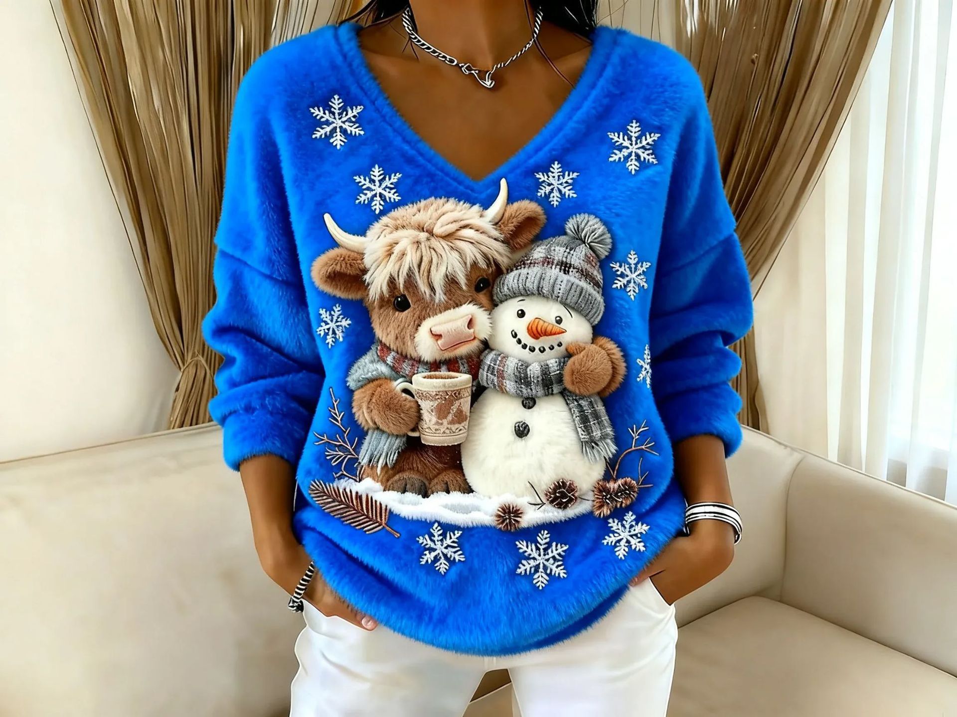 Fashionable Digital-Printed Christmas Women's V-Neck Sweater - Image 3