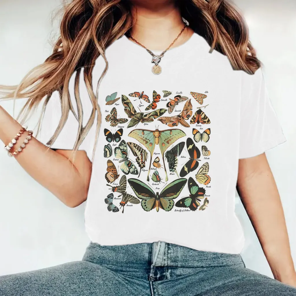 Womens Short-sleeve Crew-neck Top With A Butterfly Print - White