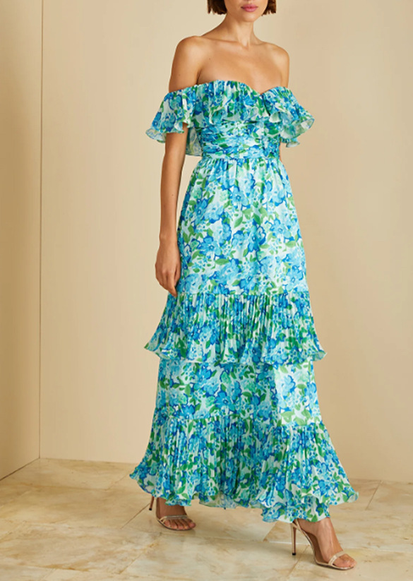 Off shoulder Women's Chiffon Print Fairy Long Dress Emerald - Shop at LoveMi