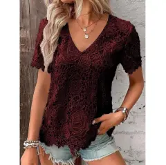 Short Sleeve Lace V-neck Loose Sweet Stripe T-shirt - Wine - View 1