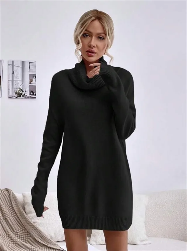 Solid Color Loose High Collar Knitted Dress Black - Shop at LoveMi