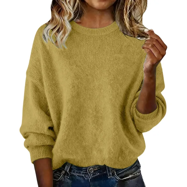 Fashionable Crew neck Solid color Sweater Yellow - Shop at LoveMi