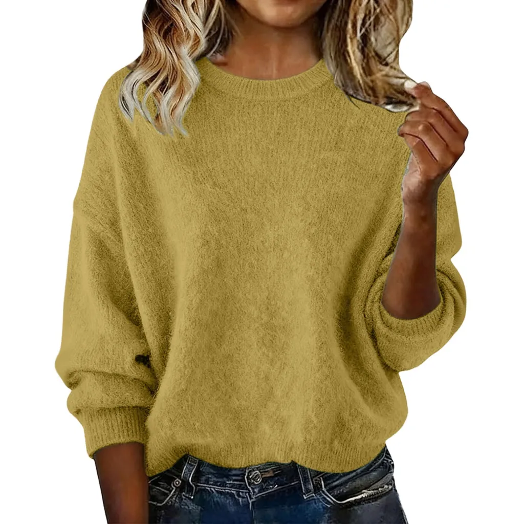 Fashionable Crew-neck Solid-color Sweater - Yellow