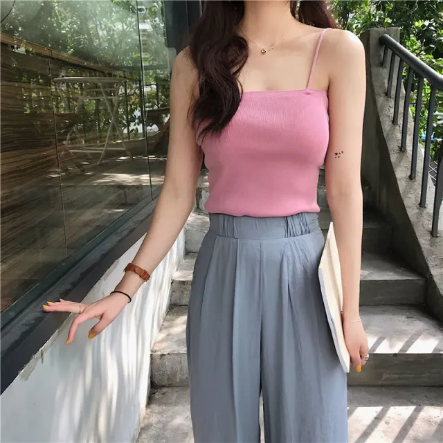 Knitted Spaghetti Straps Outerwear Slimming Inner Vest Leather Red - Shop at LoveMi