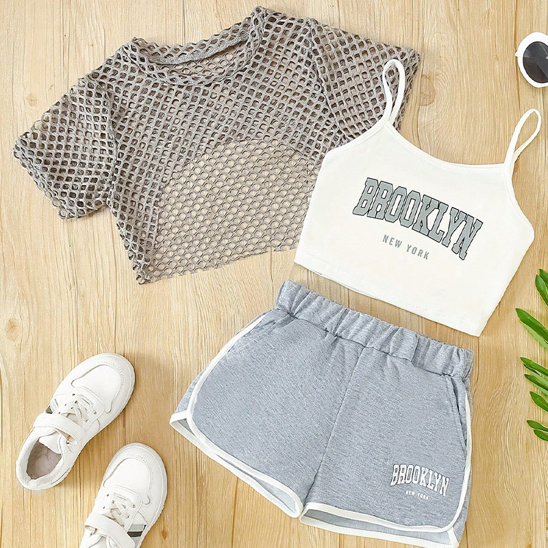 Summer New Mesh Shirt Short-Sleeve Top Pullover Three-Piece Set