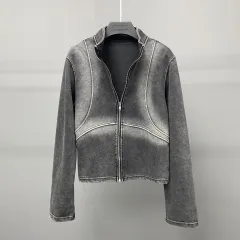 Design Sense Worn Looking Washed-out Niche Zipper Cardigan Sweater Coat Cool Wind - Gray - View 1