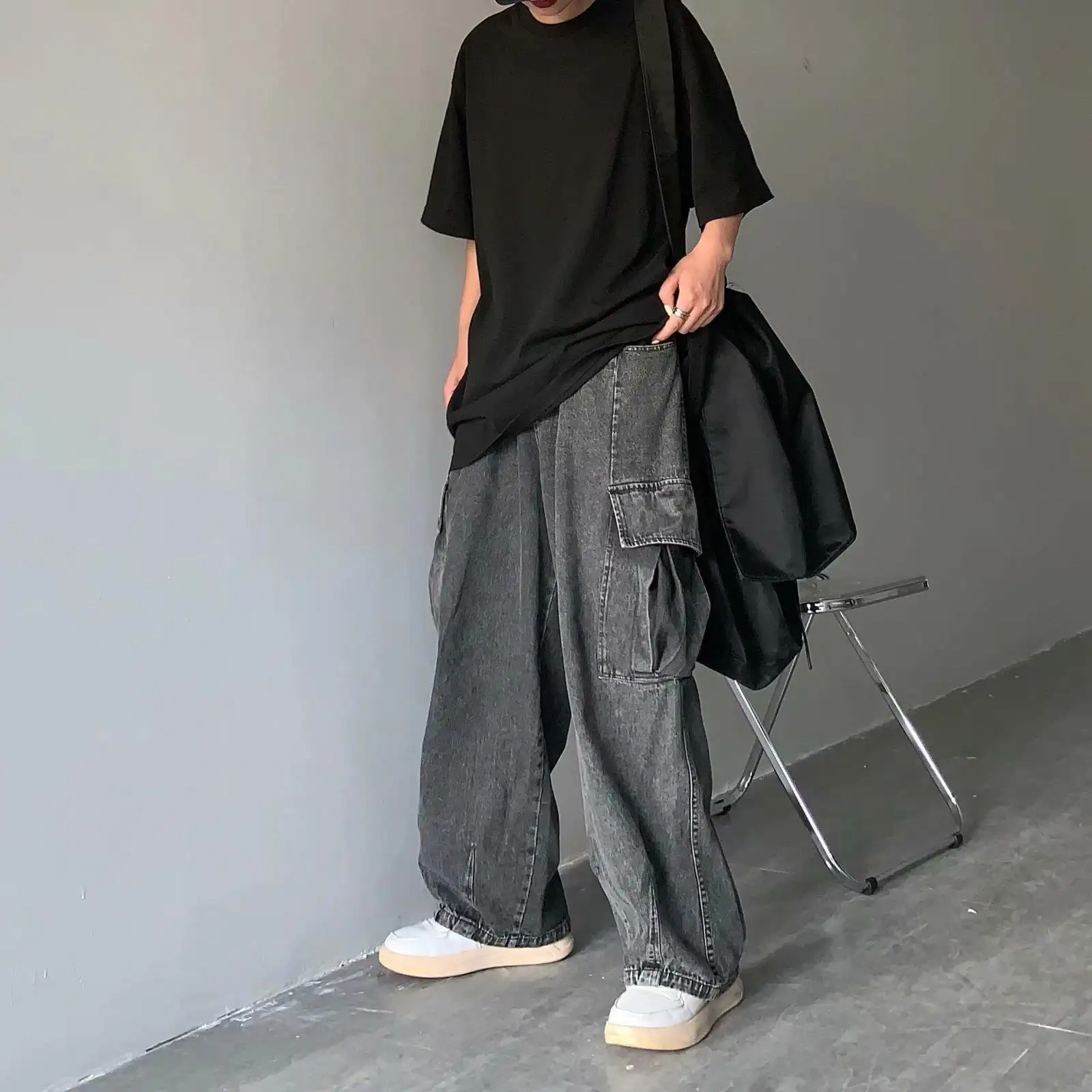 Street Retro Drape Large Loose Pockets Cargo Jeans