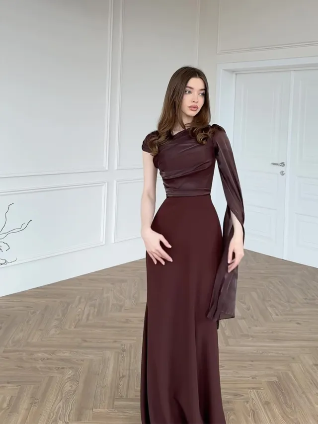 Elegant Single Long Sleeve Slim Satin Dress Brown - Shop at LoveMi
