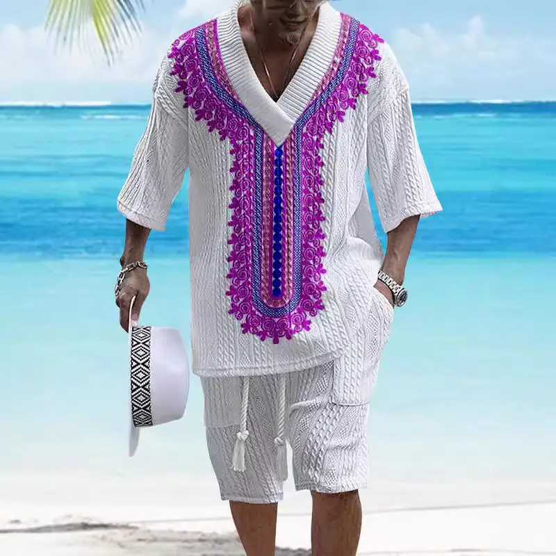 Printed Drop-shoulder Men's Knitted Short-sleeved Shorts Suit