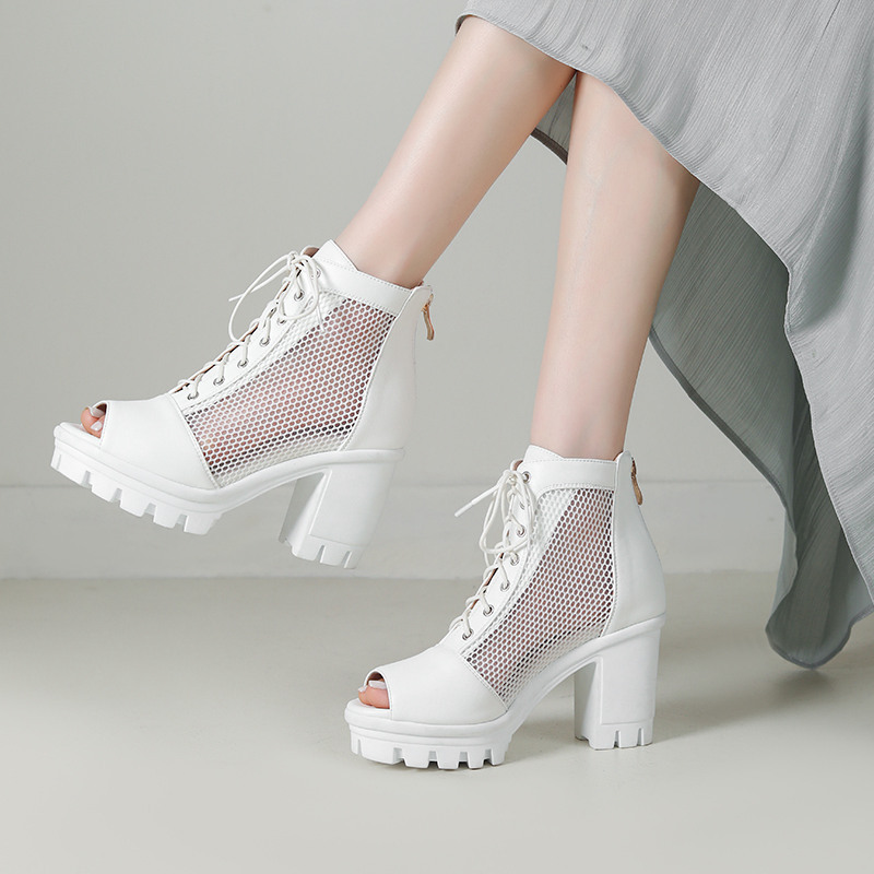 Womens Plus Size Mesh Peep Toe Chunky Heel Sandals With Thick Soles And High Heels