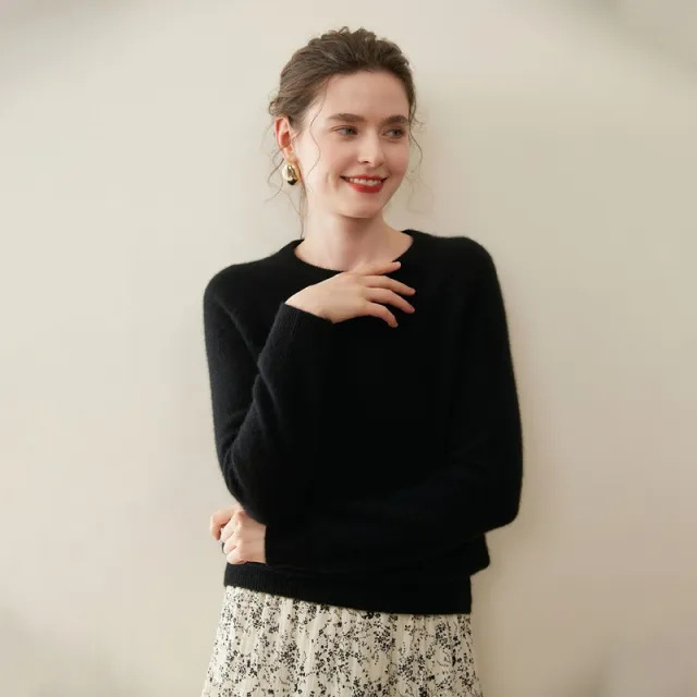 Pure Cashmere Shirt Women's Crew Neck Pullover Sweater Classic Black - Shop at LoveMi