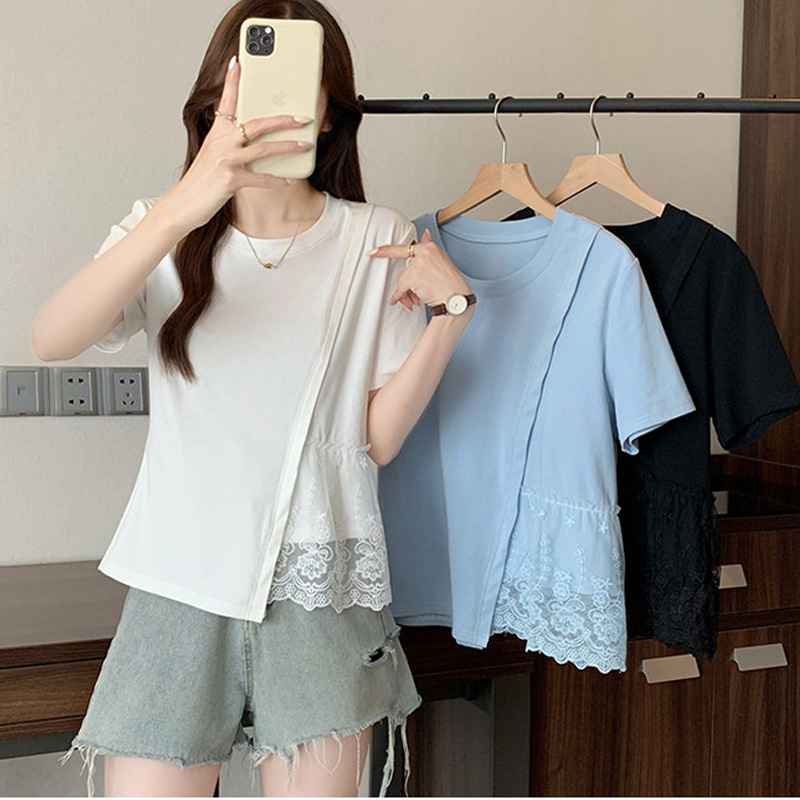 Pure Cotton Chic Lace-spliced Irregular Short Sleeves