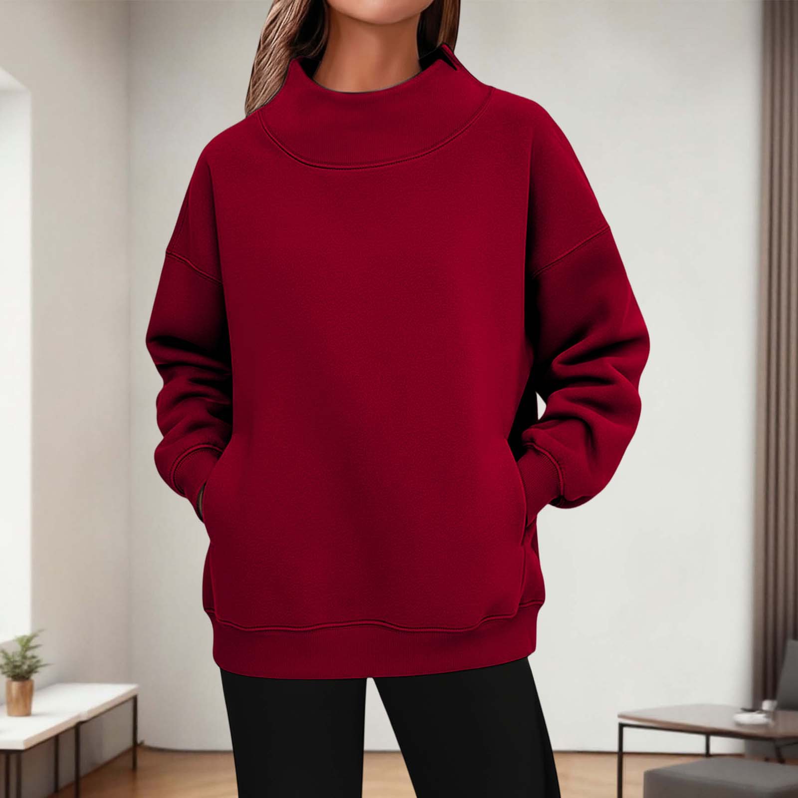 Womens Long-sleeve Turtleneck Casual Hoodie