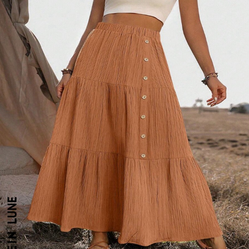 Elastic Waist Comfort Womens Long Tiered Striped Skirt