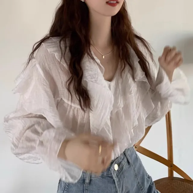 Womens Solid Color Irregular Chiffon Long Sleeve Shirt White - Shop at LoveMi
