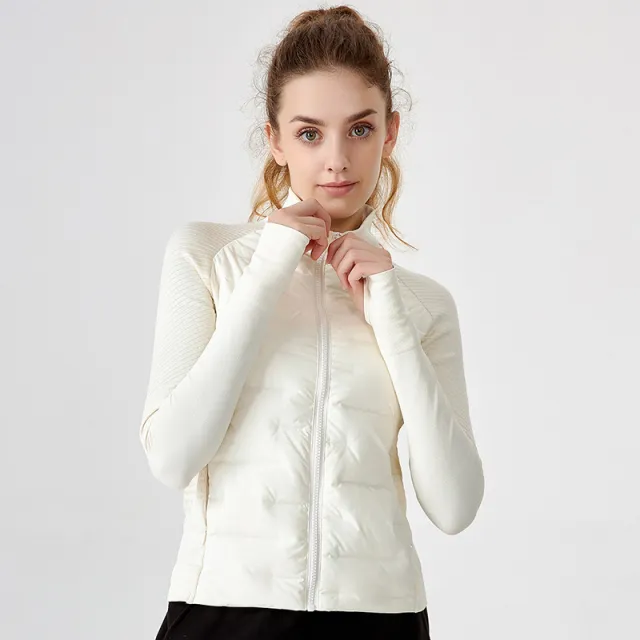 Lightweight White Goose Down Yoga Clothes Long Sleeve Season Cycling Jacket Outdoor Workout Top Creamy White - Shop at LoveMi
