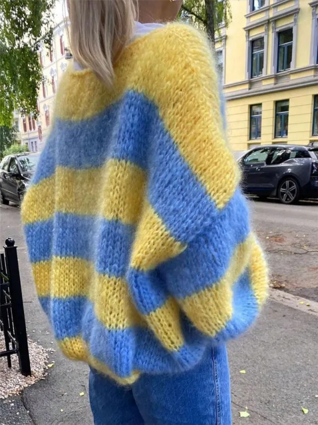 Women's Loose Gradient Stripes Contrast Color Crew Neck Pullover Sweater Yellow Blue - Shop at LoveMi