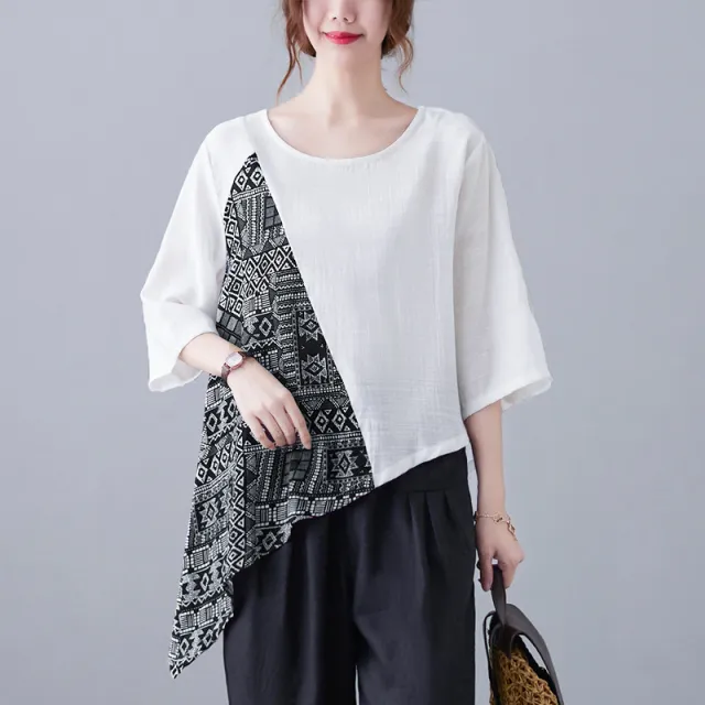 Literary Flower Printing Irregular Swing Loose Short Sleeve T shirt Top Women White - Shop at LoveMi