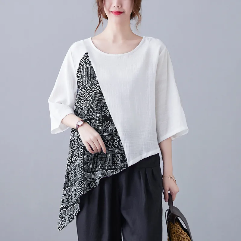 Literary Flower Printing Irregular Swing Loose Short Sleeve T-shirt Top Women - White