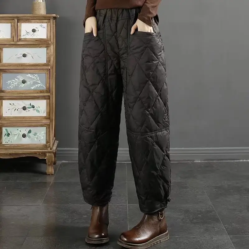 Women's Retro Artistic Solid Color Down Wadded Trousers Rhombic Pressure Wire Buckle Windproof Warm Casual Pants