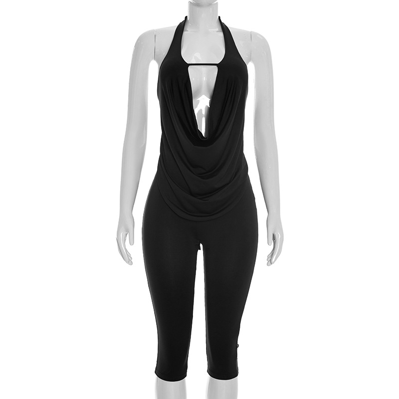 Womens Solid-color Spicy-chic Slimming Draped-neck Halter Set 9
