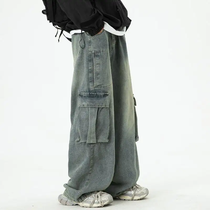 Retro Wide-Leg Washed Workwear Denim Jeans