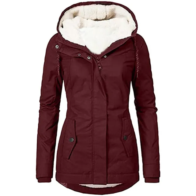 Solid Color Pocket Long sleeve Zipper Fleece Padded Coat Women Wine Red - Shop at LoveMi
