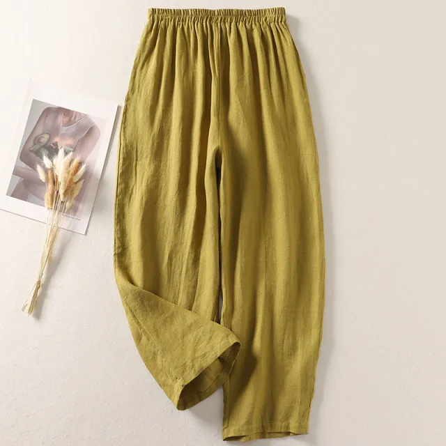 Cotton And Linen Casual Elastic Waist Loose Cropped Pants Green - Shop at LoveMi