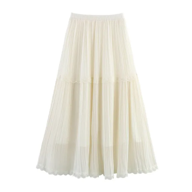 Chiffon Lace Pleated Temperament Skirt White - Shop at LoveMi