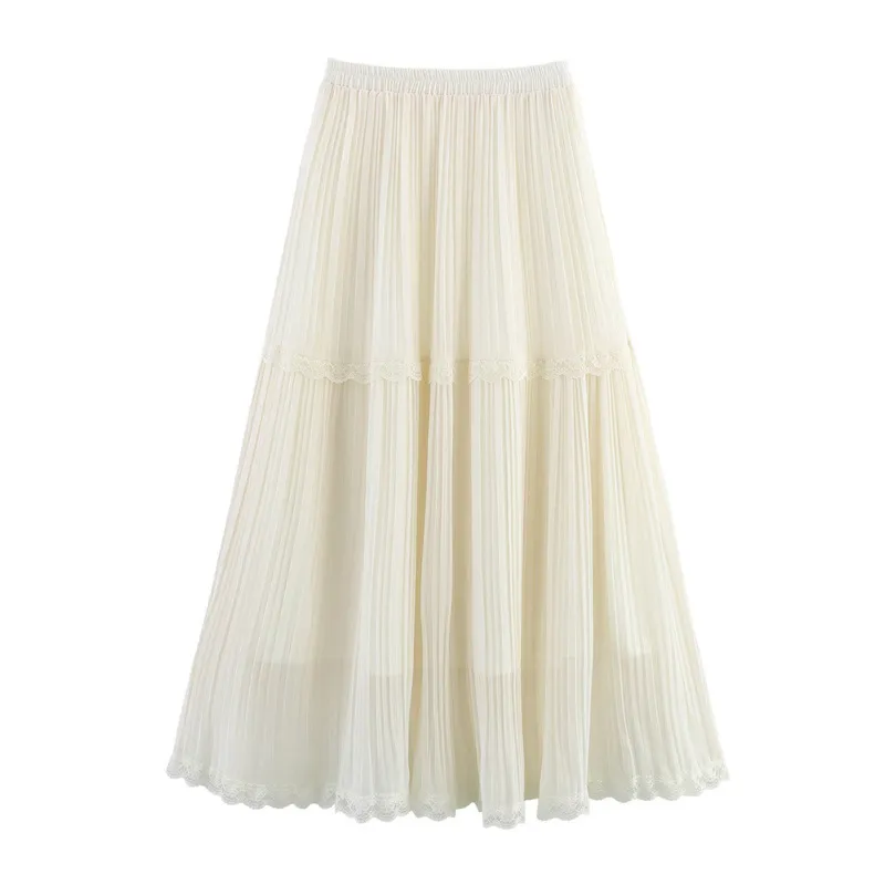 Chiffon Lace Pleated Temperament Skirt - White