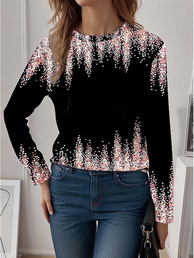 Womens Casual T Shirt With 3D Printed Crew Neck And Long Sleeves