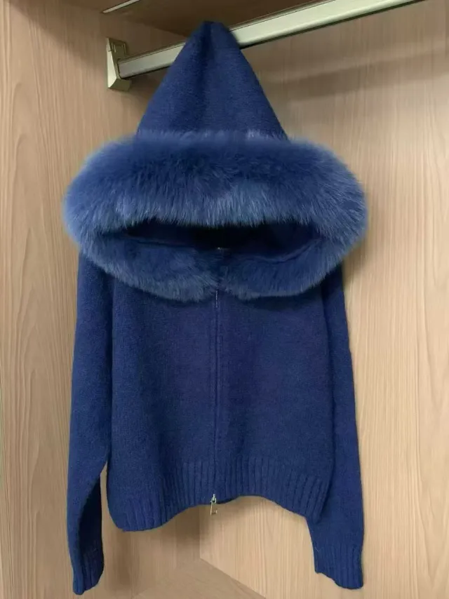 Vintage Knitted Cardigan Long Sleeve Fur Collar Coat Navy Blue - Shop at LoveMi