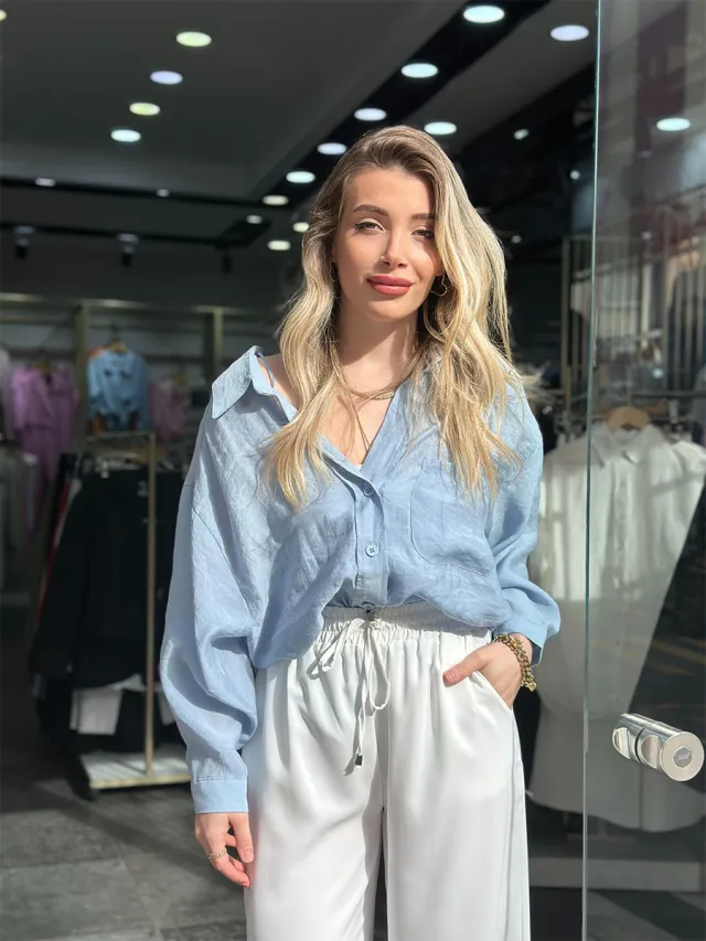 Tencel Large Profile Long Sleeve V neck Casual Shirt Blue - Shop at LoveMi