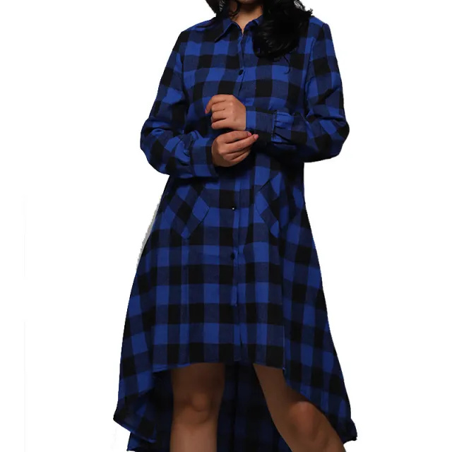 Boyfriend Style Casual Pocket Long Sleeve Plaid Polo Shirt Irregular Coat Blue - Shop at LoveMi