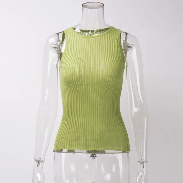 Women's Fashion Solid Color Rib Fabric Hollow Vest Slim Sleeveless Knitted Top Green - Shop at LoveMi