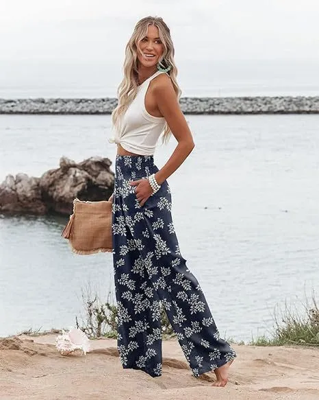 Summer Women's Fashion Loose Temperament Printed High Waist Wide Leg Trousers Blue - Shop at LoveMi