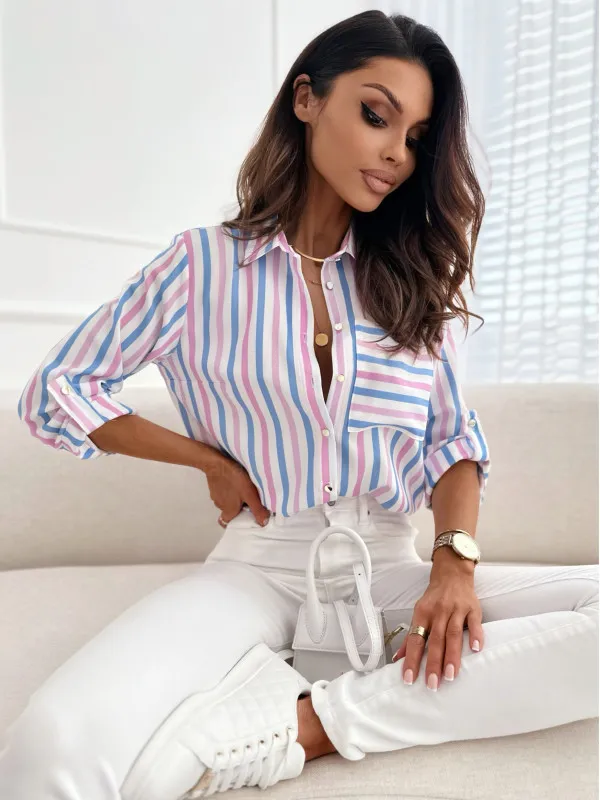V neck Pocket Striped Printed Shirt Women Blue - Shop at LoveMi
