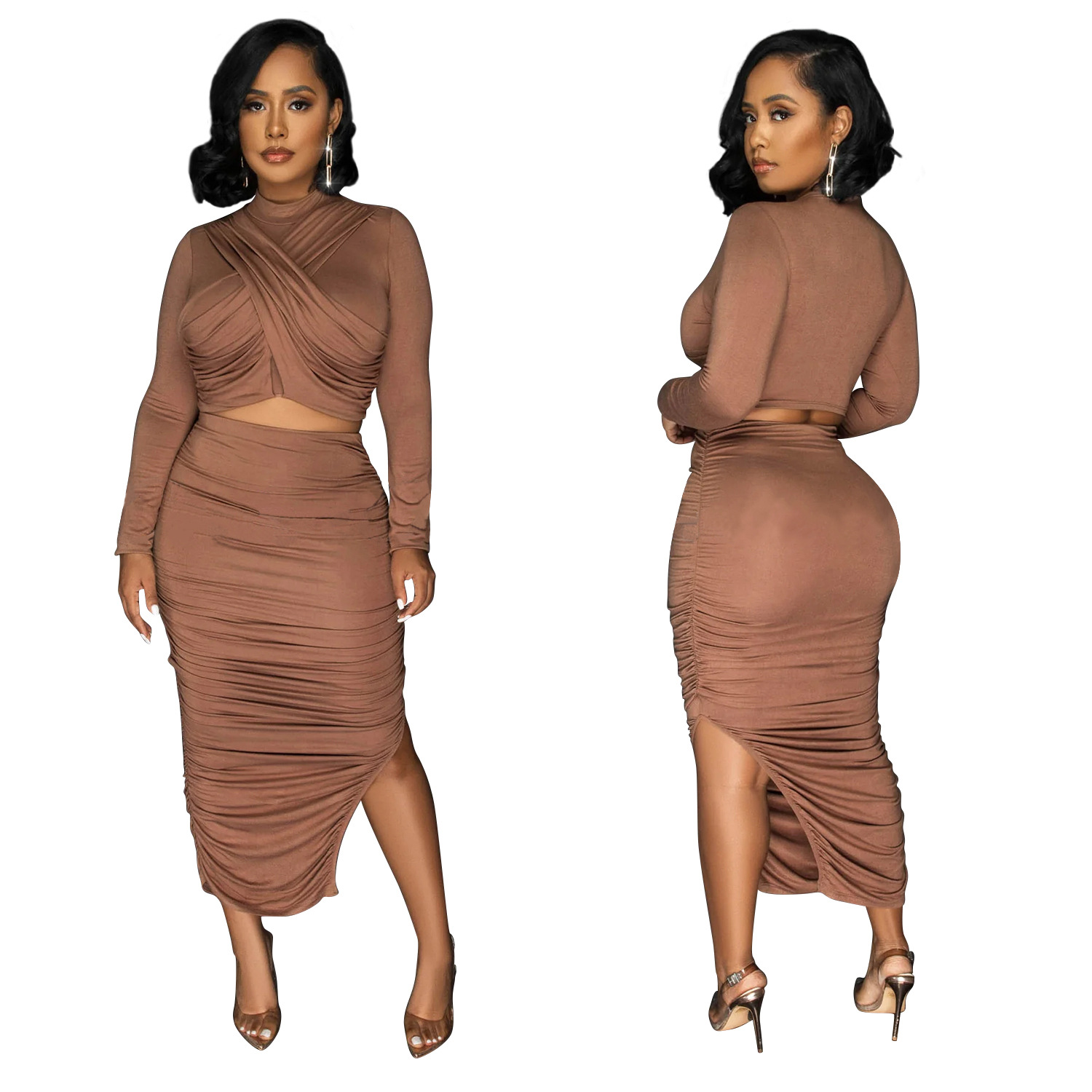 Women's Fashion Solid Color Pleated Round Neck Long Sleeve Dress Two-piece Set