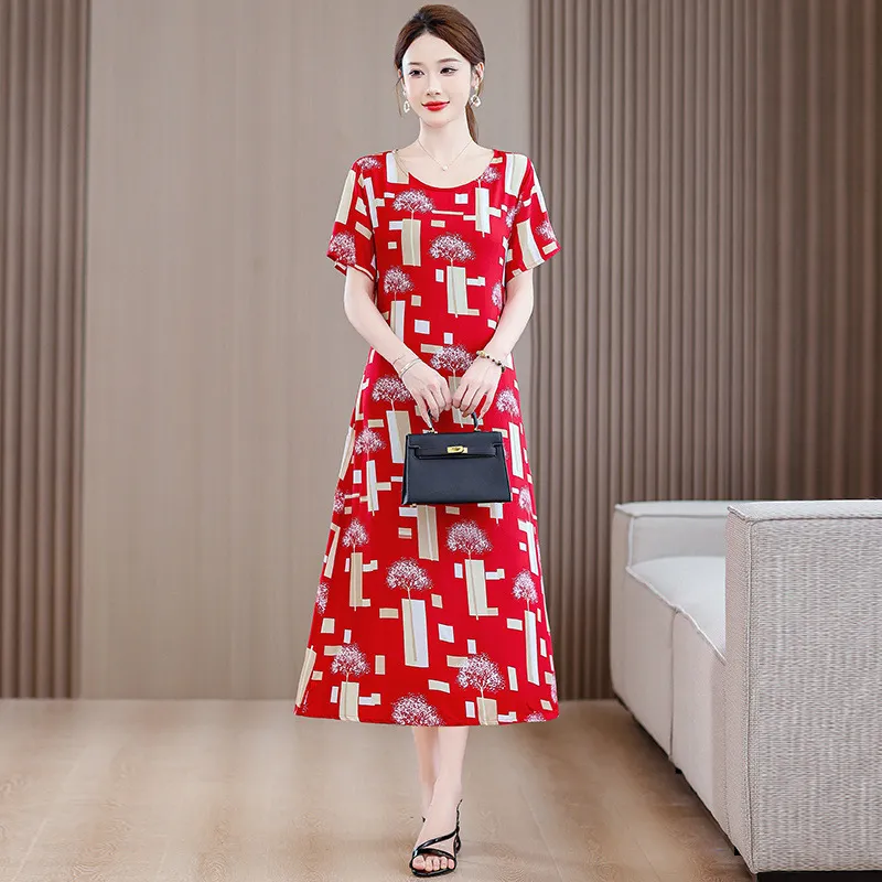 Plus Size Women's Clothes Short Sleeve Cotton Floral Dress - Red Pachira Macrocarpa