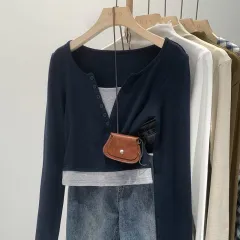 Fake Two-piece Long-sleeved T-shirt For Women Autumn - Navy Blue - View 1