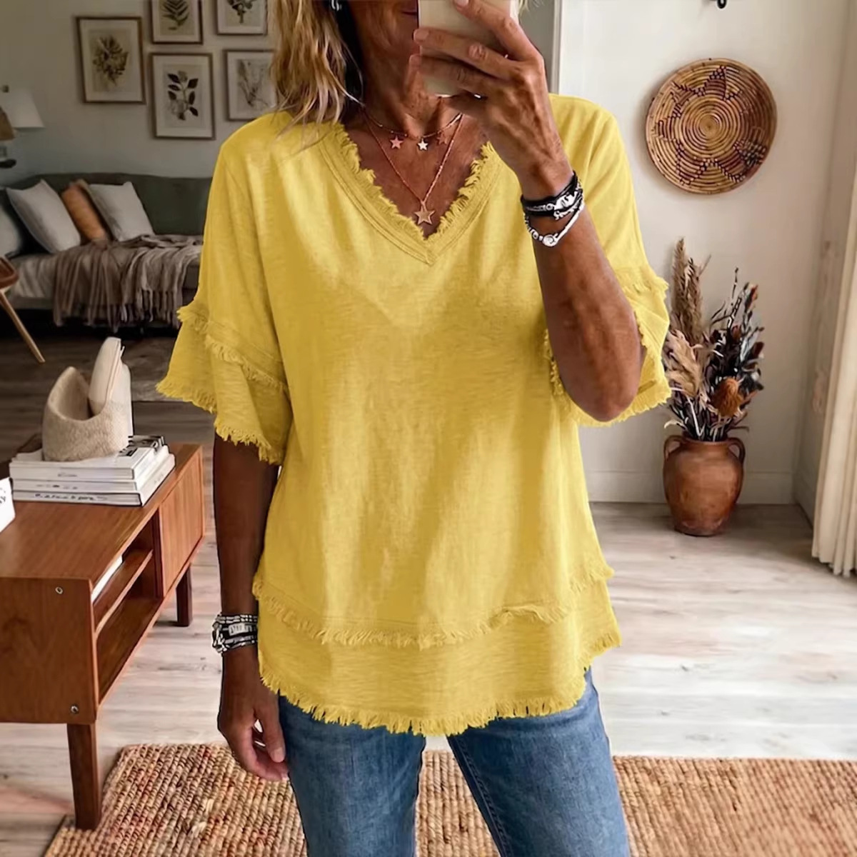 Women's V-Neck Pullover Short-Sleeve Loose Shirt 3