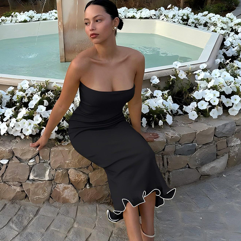 Hot Selling Solid Color New Sexy Tube Top Big Wave Dress Women