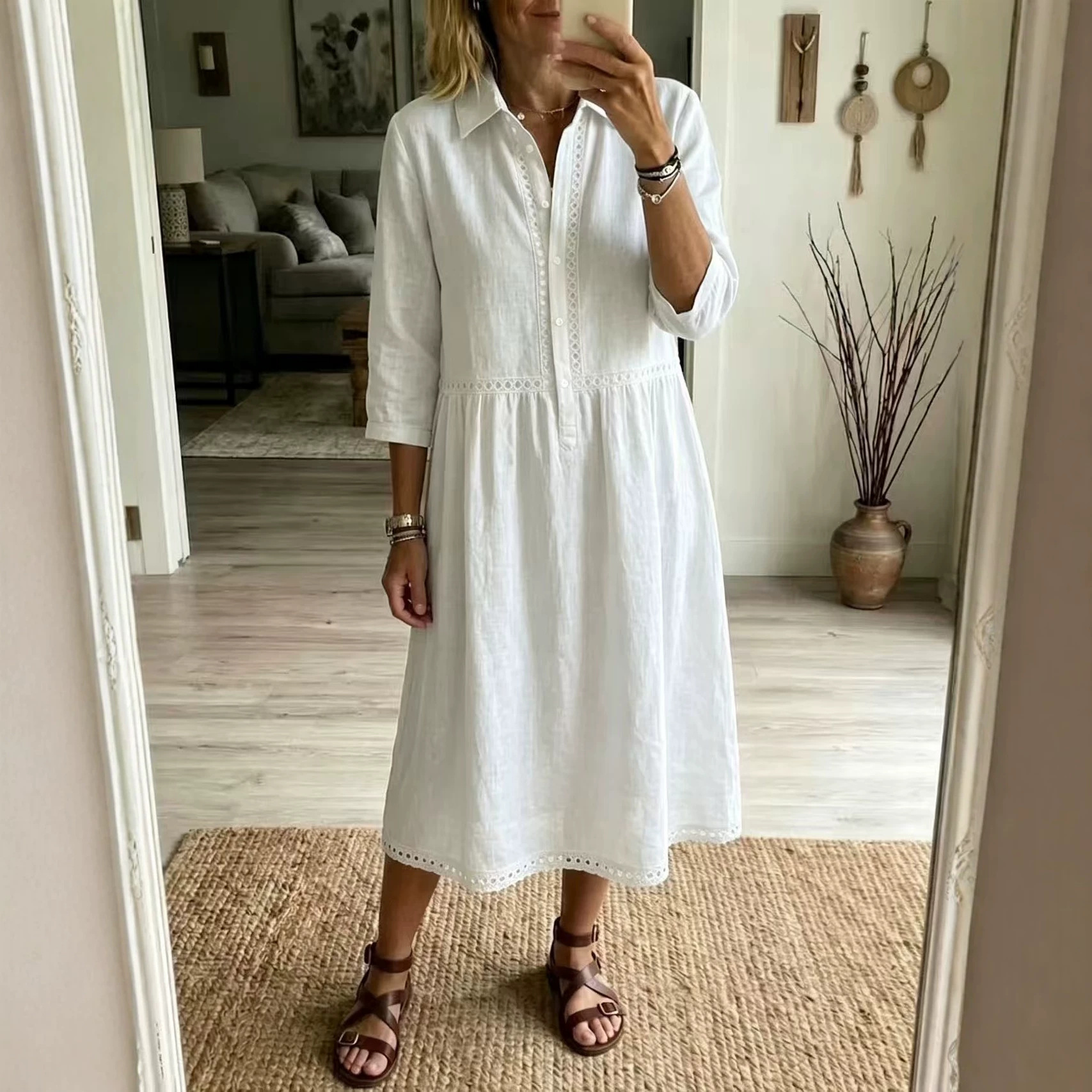 Elegant And Casual Solid-color Three-quarter-sleeve Womens Shirt Dress