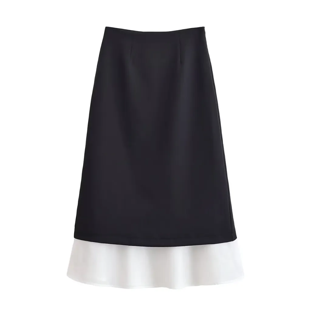 Versatile Black And White Patchwork Midi Skirt - White