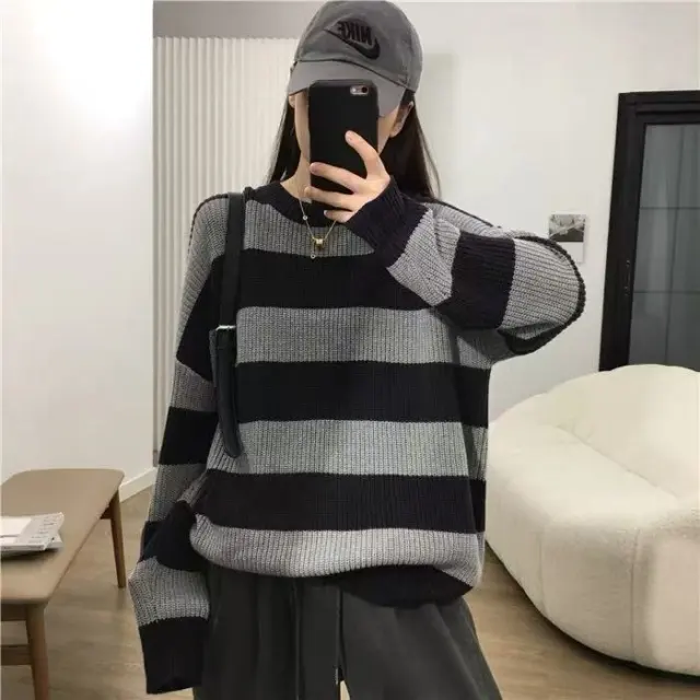 Early Autumn Loose And Lazy Style Striped Sweater For Women Black And Gray - Shop at LoveMi