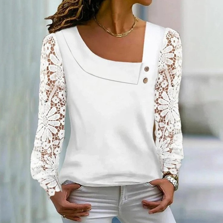 Womens Fashion Solid-Color Long-Sleeve Lace-Patchwork Shirt