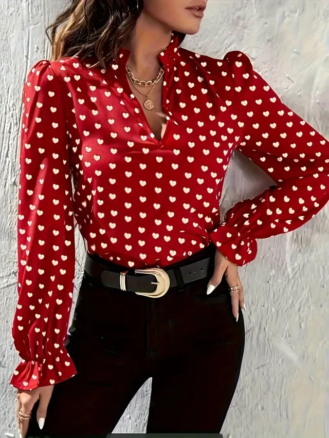 Women's Stand Collar Heart Shape Printed Shirt Tan - Shop at LoveMi