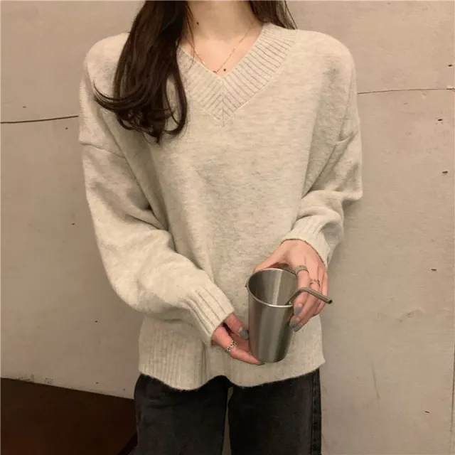 Cotton Cashmere Casual Laid back Style V neck Pullover Sweater Beige - Shop at LoveMi