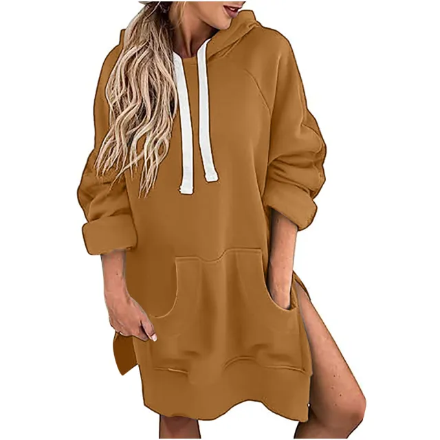 Loose fitting Women's Sweater Long Sleeve Solid Color Drawstring Top Camel - Shop at LoveMi