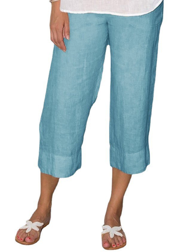 Solid Color Cotton And Linen Women's Simple Loose Casual Cropped Pants Blue - Shop at LoveMi